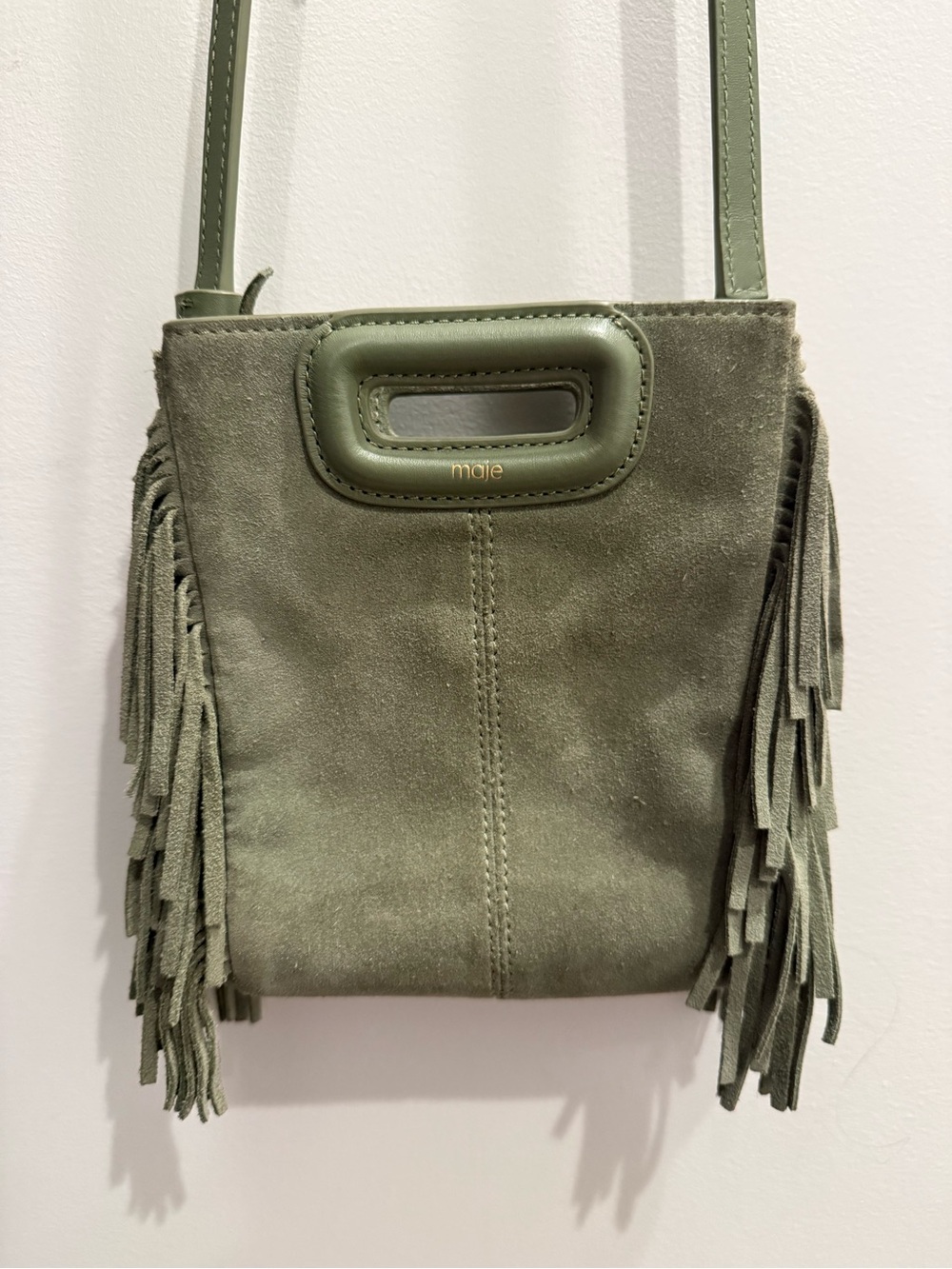 Maje Green Suede Fringe Crossbody Bag